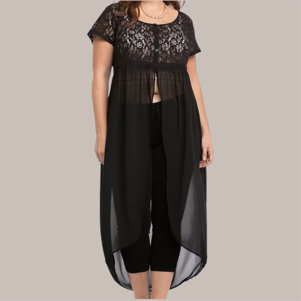 Torrid Sheer Black Lace Chiffon Maxi Tunic Top Size 1X Button Whimsigoth